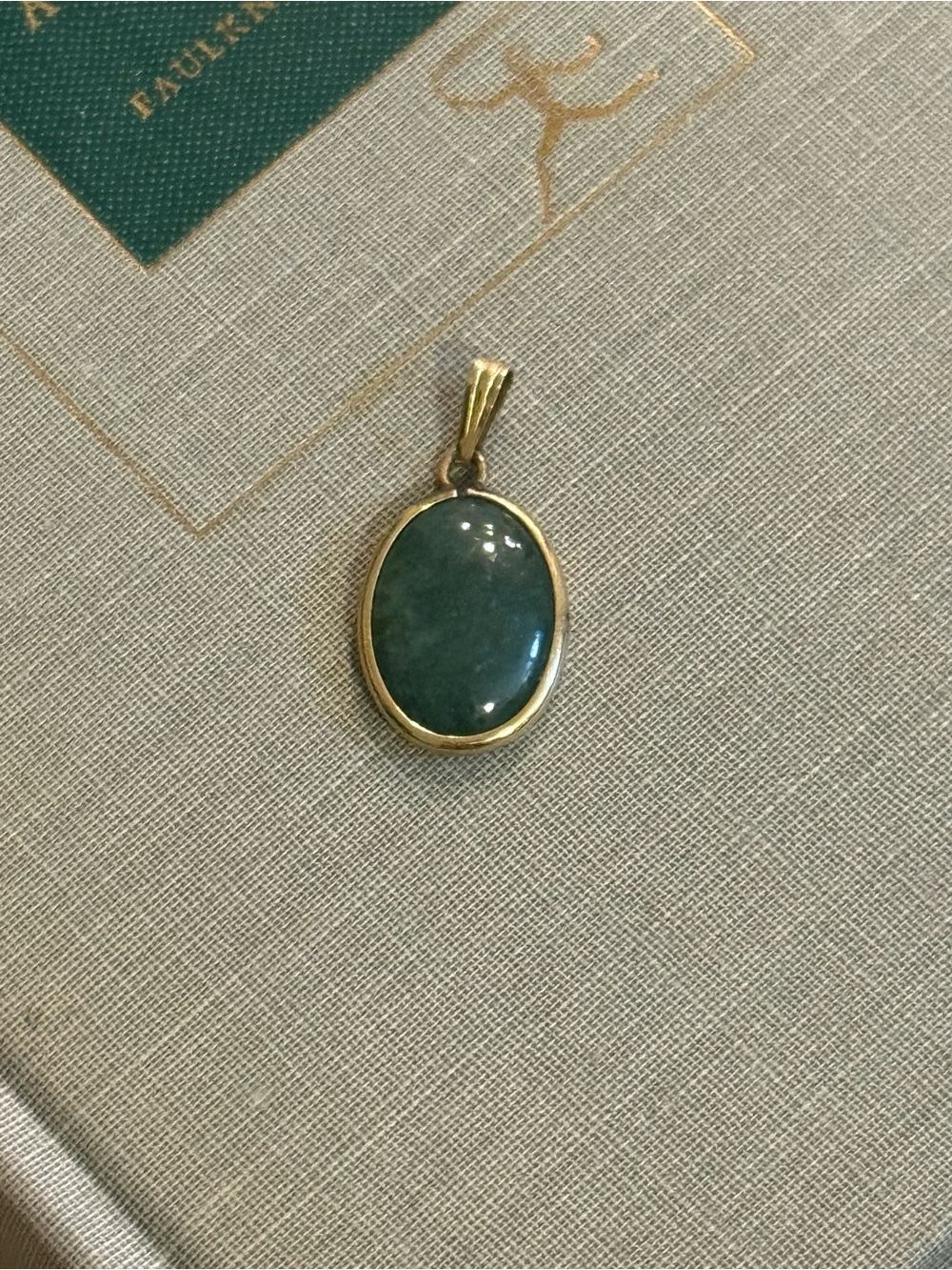 Vintage Sorrento 12K Gold Filled Green Jade Cabochon Pendant Bezel Oval